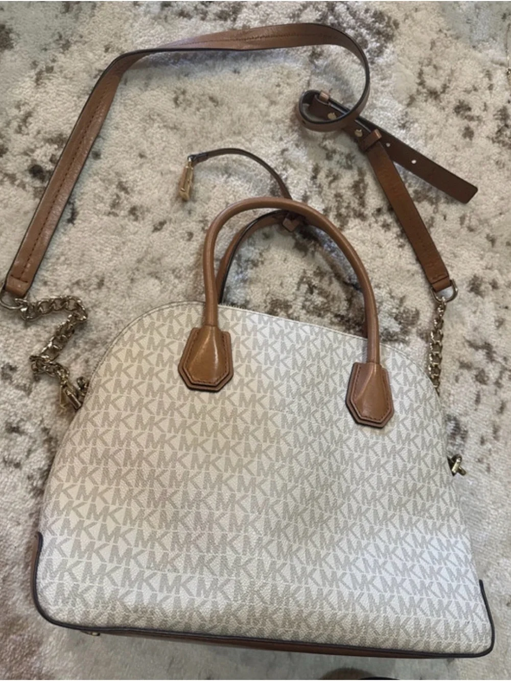 Michael Kors Logo Dome Satchel in Vanilla and Tan
